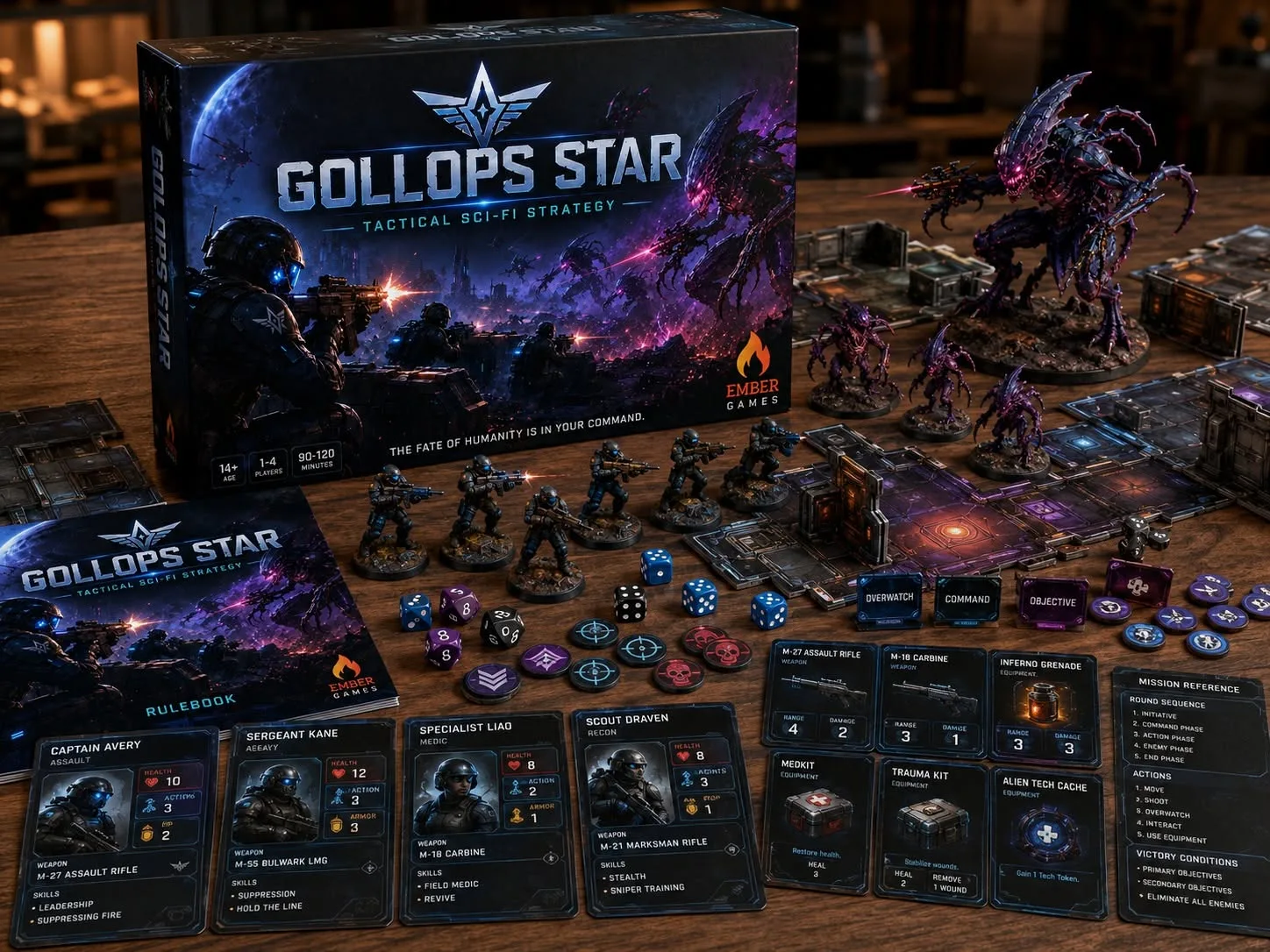 Concept mock-up of Gollops Star box, miniatures, maps and cards
