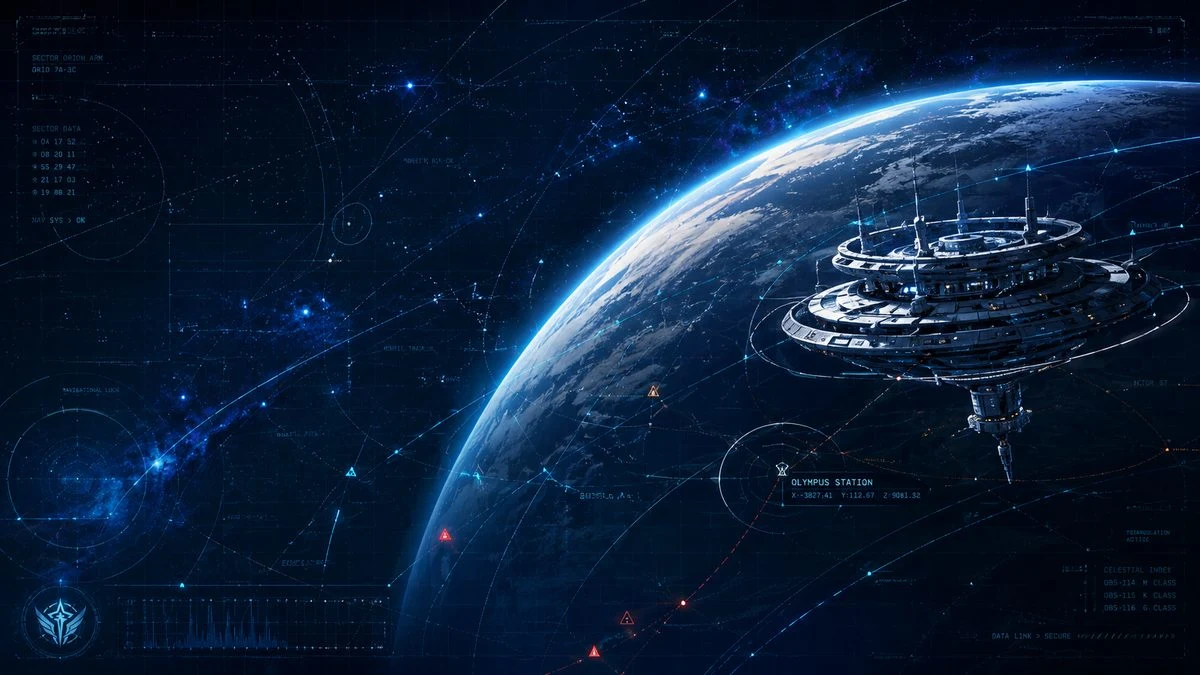 Orbital briefing illustration of Olympus Station above a planet