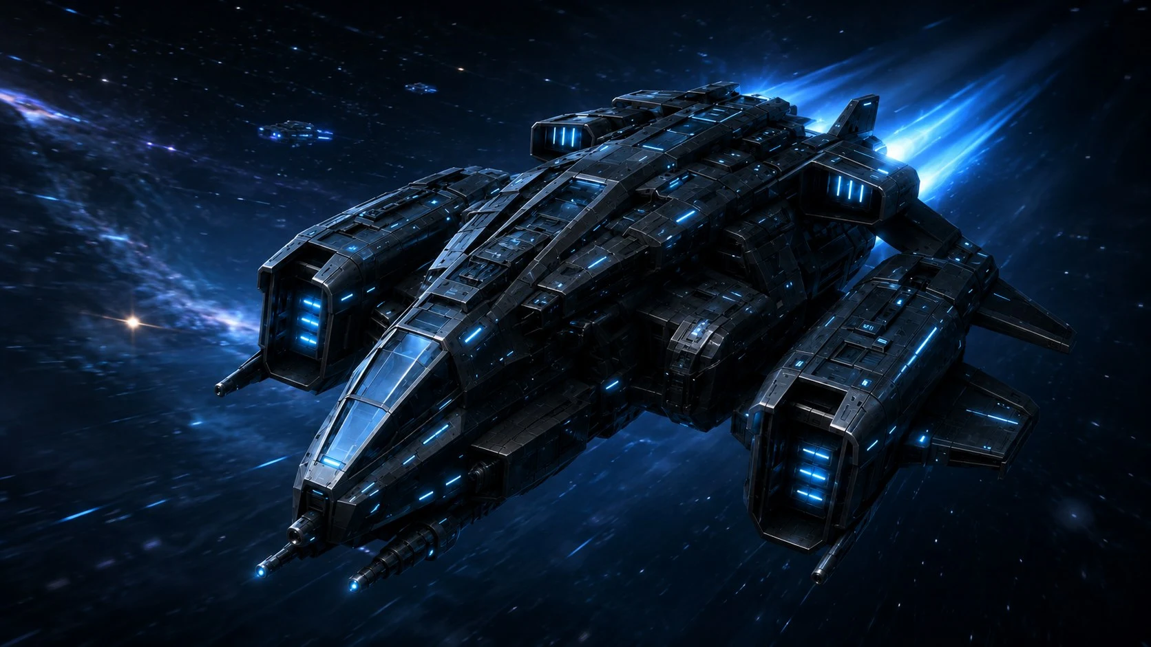 Blue-lit military dropship travelling through space