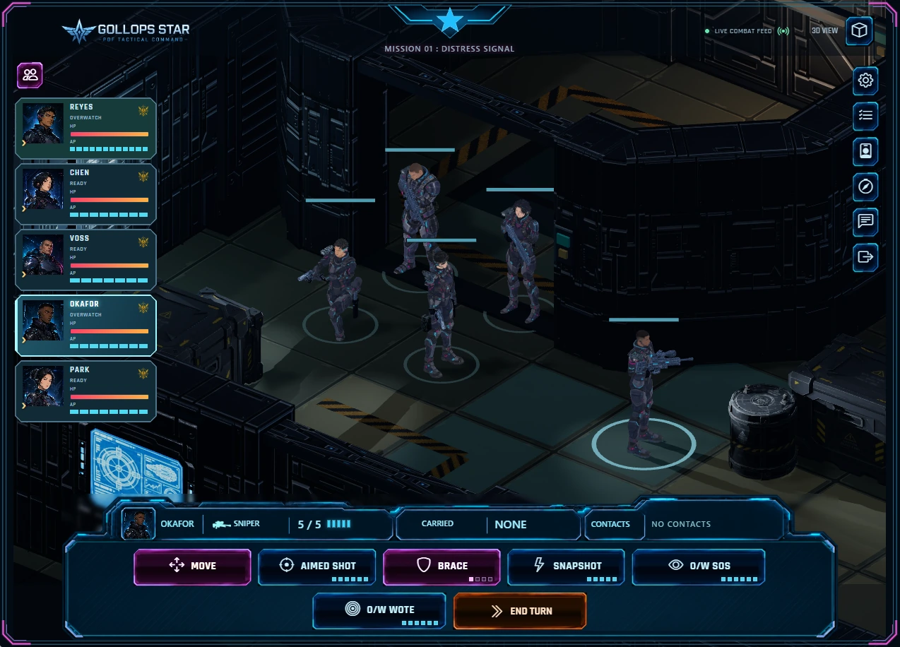 Mission 1 gameplay with the squad roster and updated tactical action dock