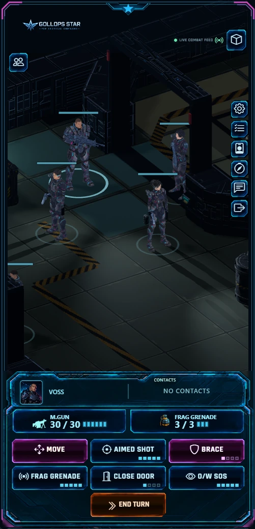 Portrait mobile gameplay showing Voss, ammunition, grenade supplies and the new three-column action buttons
